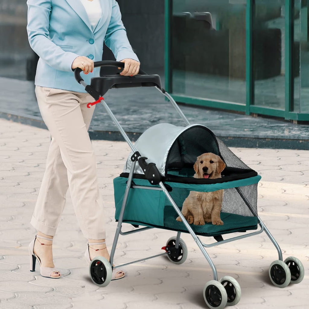 NiamVelo Small and Medium Doggie Carriage Cart, Folding 4-Wheel Dog Stroller with Cup Holders, Portable, Teal