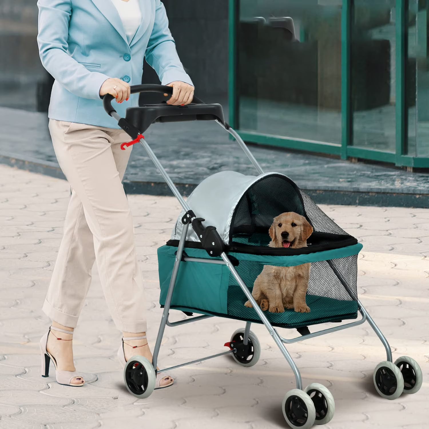 NiamVelo Small and Medium Doggie Carriage Cart, Folding 4-Wheel Dog Stroller with Cup Holders, Portable, Teal