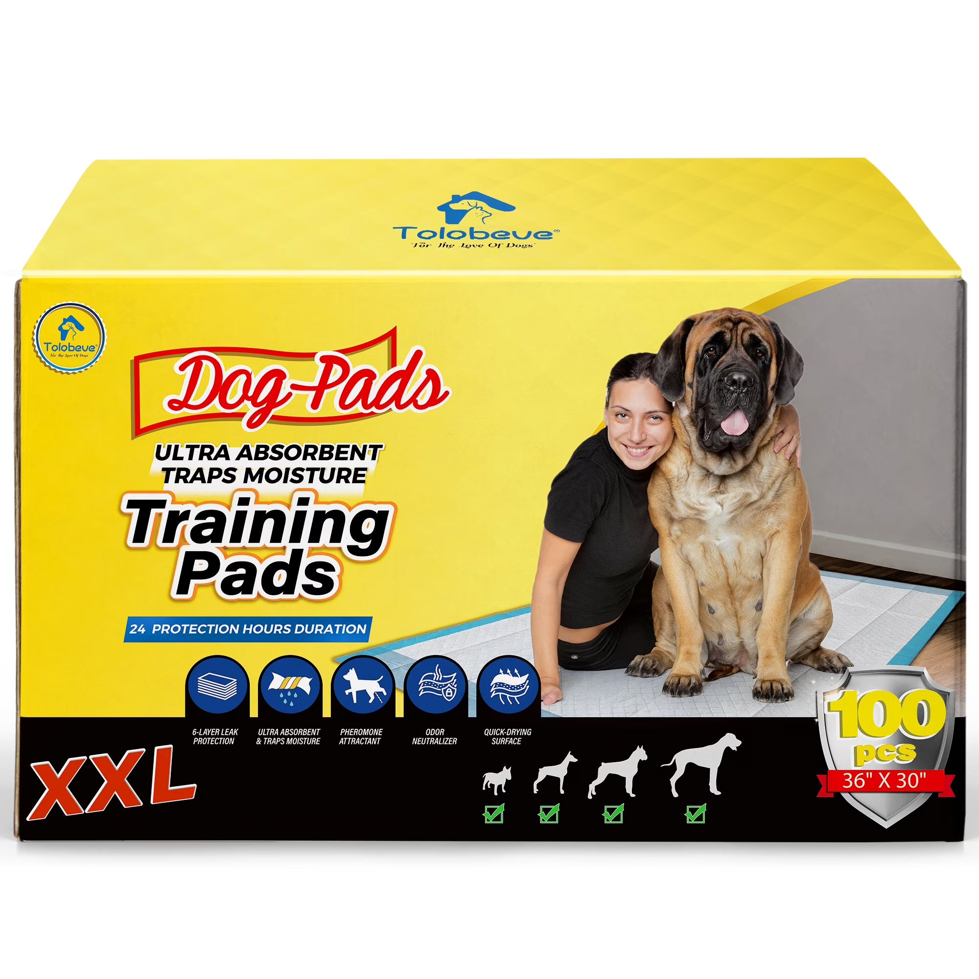 Tolobeve XXL Absorbent Dog Training Pads, 30x36 inch, 100 Count, Suitable for Puppy and Senior Dogs