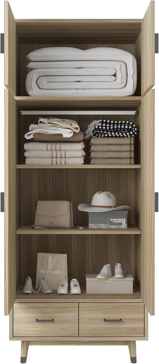 Oak 2-Door Storage Cabinet with Drawers and Hanging Rod k7p