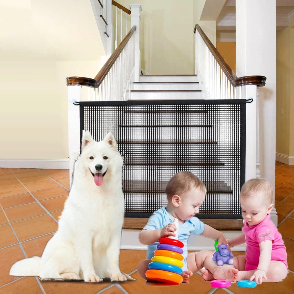 Pet Gate Dog Gate for The House, 43.3"" W x 28.3"" H Mesh Retractable Baby Gate for Stairs No Drilling, Portable Baby Gates Dog Gate for Doorways, Black