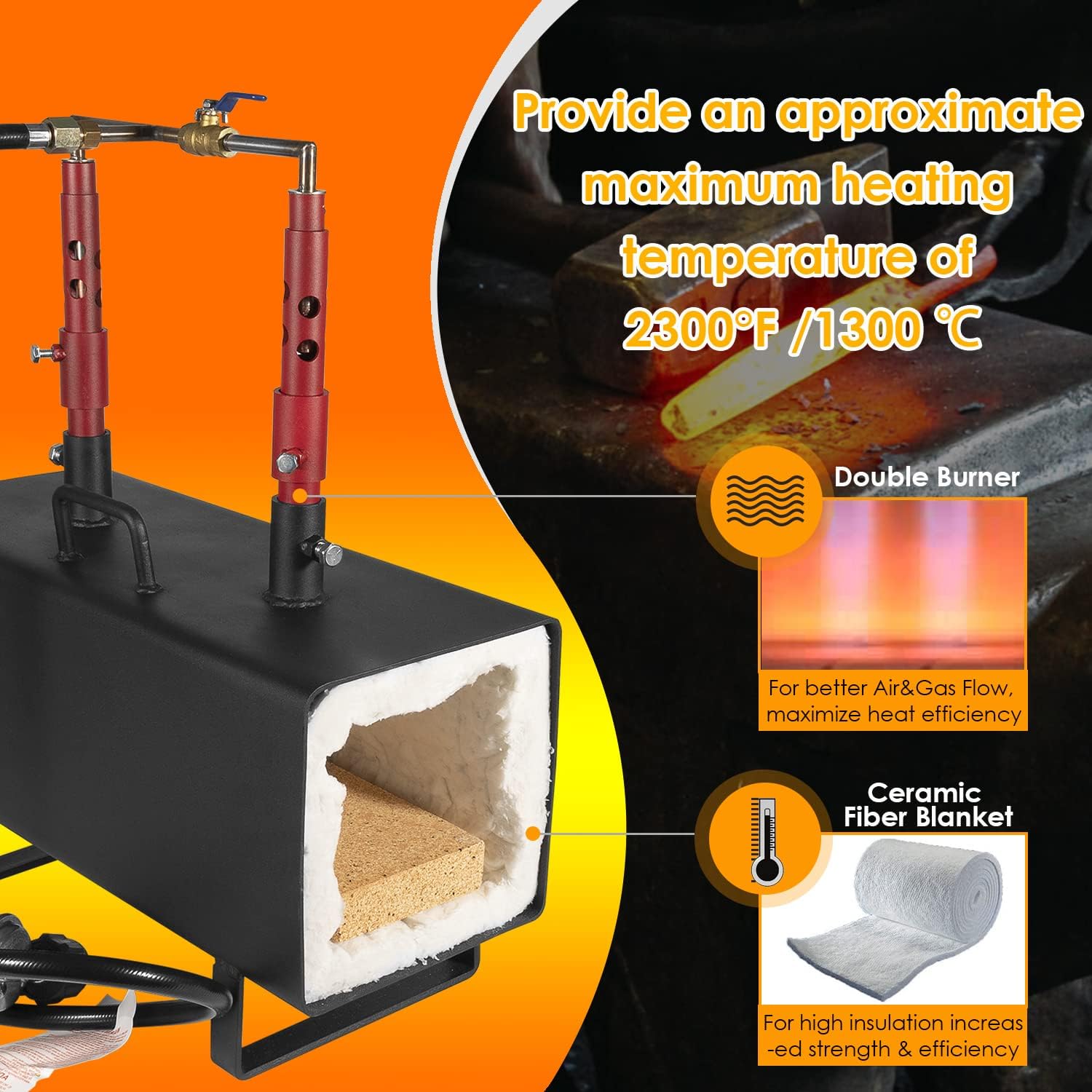 Propane Gas Forge Portable Double Burner Blacksmithing Large Capacity q7