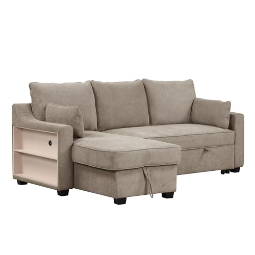 90" Pull Out Sleeper Sofa for Living Room, L-Shaped Couch Convertible Sofa Bed with Storage Chaise, Storage Racks and USB Ports, Space-Saving Design (Light Brown)