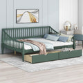 Full Size Daybed with Two Drawers,Solid Wood Storage Bed Frame W/Wooden Slat Support,Guide Rail Design on Three Sides,Easy to Assemble,for Bedroom Living Room,Green