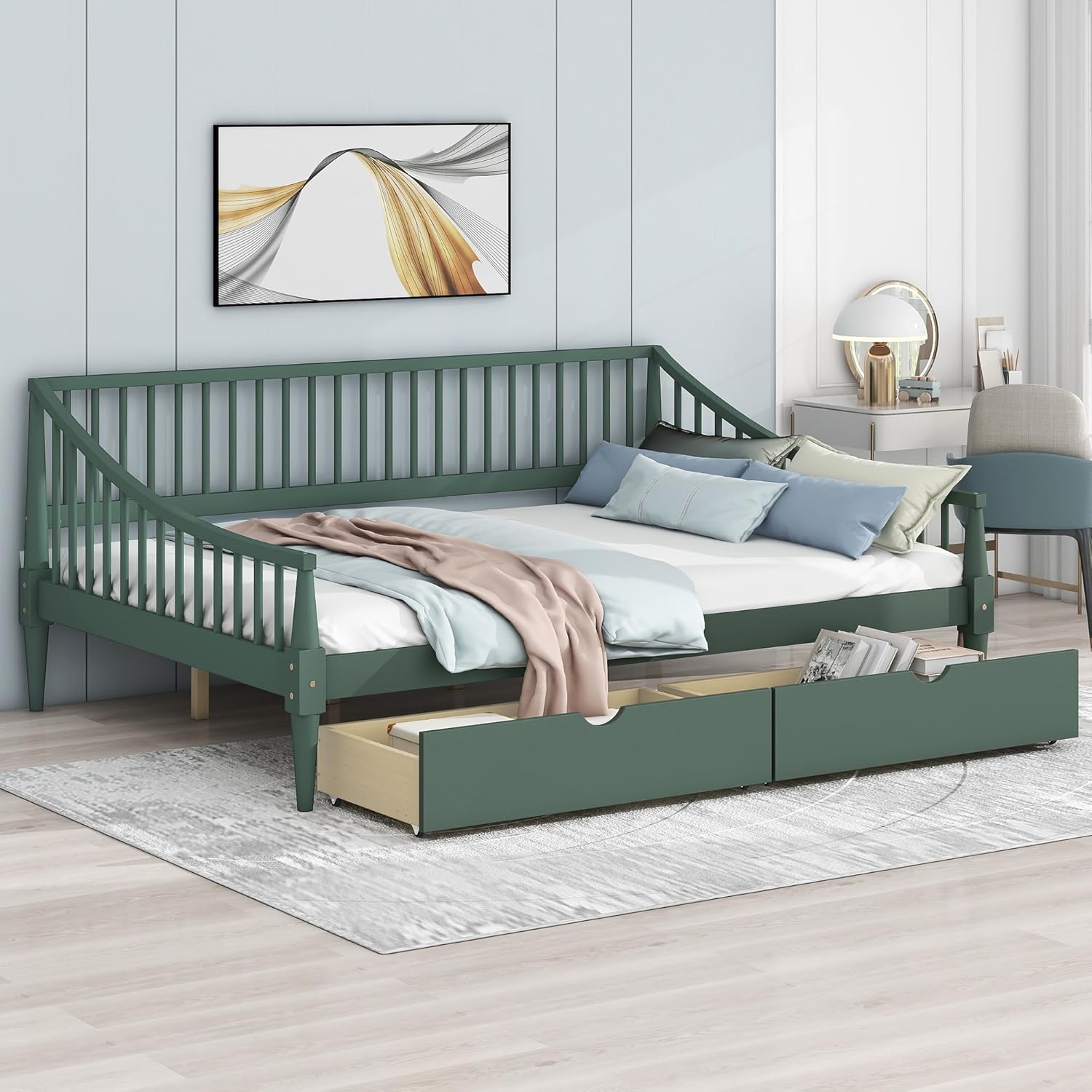 Full Size Daybed with Two Drawers,Solid Wood Storage Bed Frame W/Wooden Slat Support,Guide Rail Design on Three Sides,Easy to Assemble,for Bedroom Living Room,Green