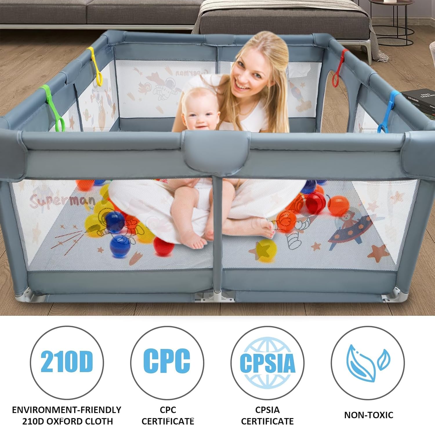 Baby Playpen 50x50 Large Play Yard with Gate Indoor Outdoor Gray a7