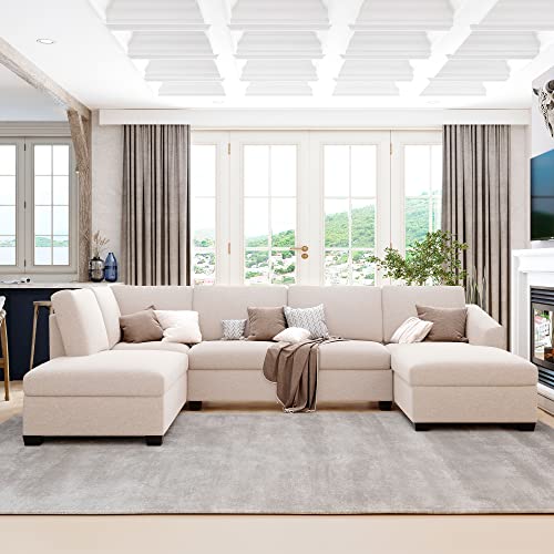 Beige U-Shape Sectional Sofa with Double Chaise Lounge k7m