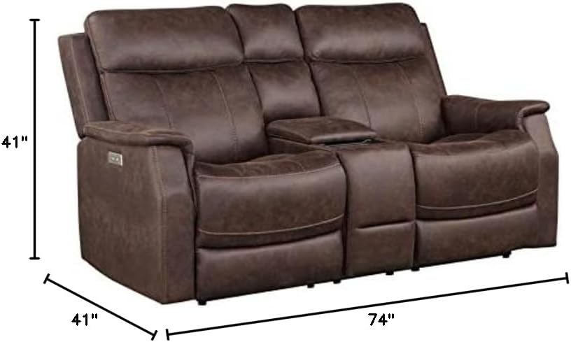 BOWERY HILL Faux Leather Dual Power Reclining Console Loveseat in Mahogany