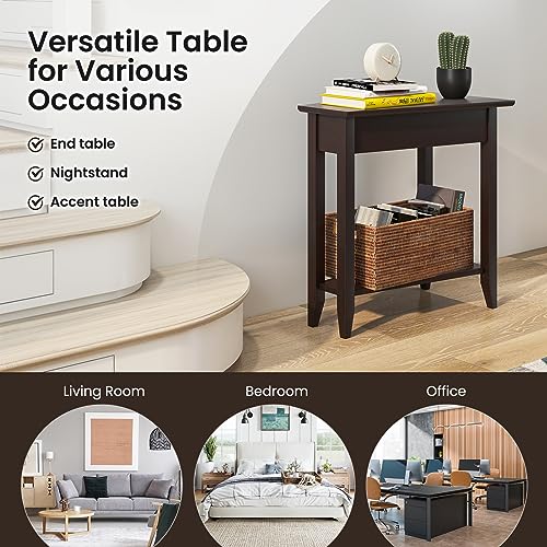 Narrow Triangle Side Table with Storage Shelf, Solid Wood Legs, White a7