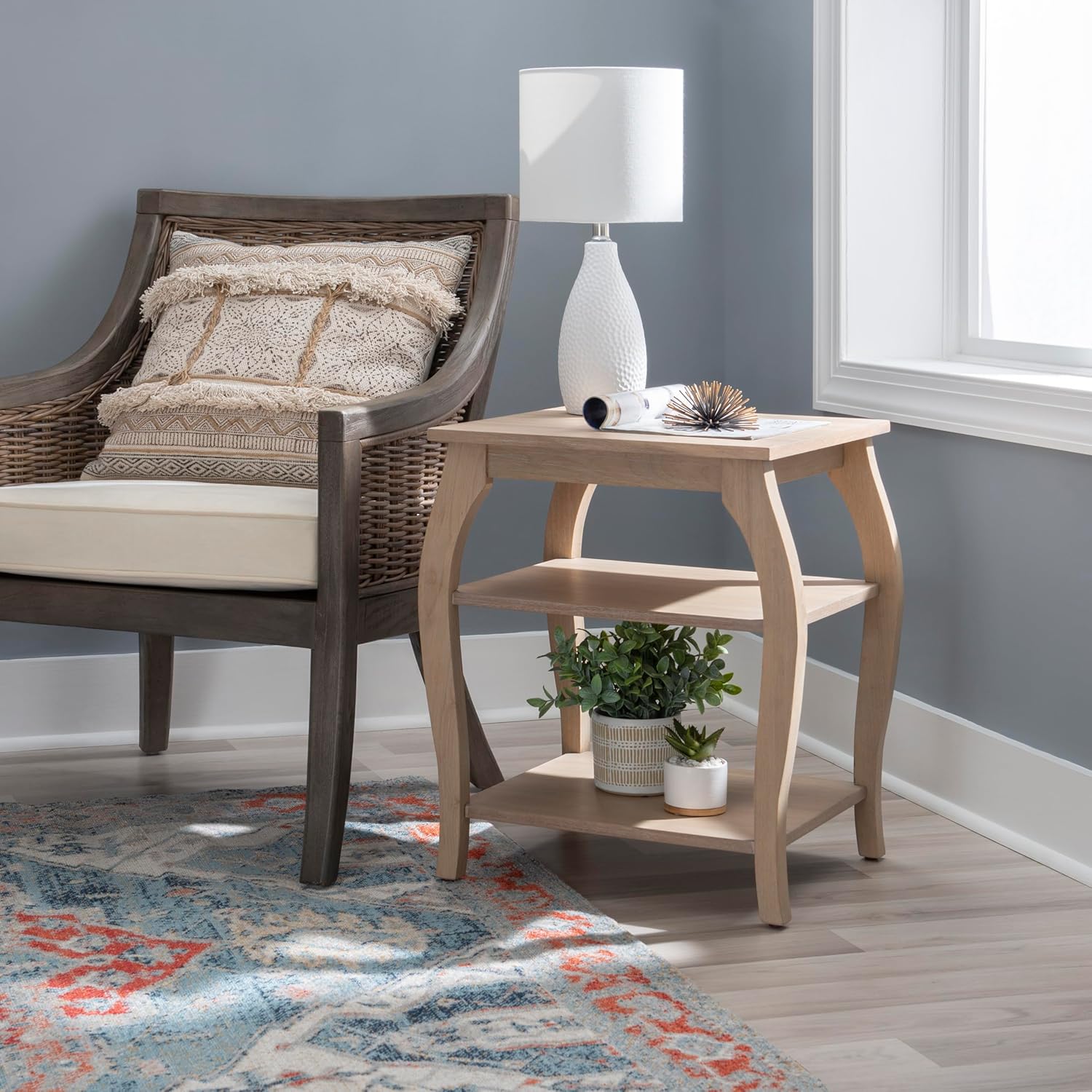 Wooden Side Table with Curved Legs and Shelves k7