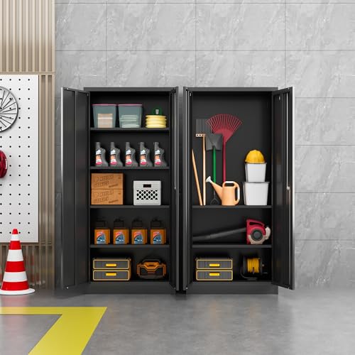 Metal Storage Cabinet 2 Doors 4 Shelves Lockable Black a7