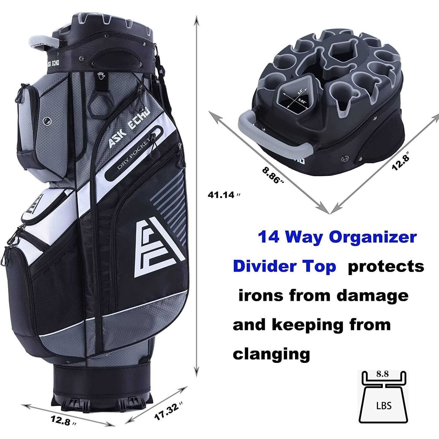 Golf Cart Bag 14 Way Organizer with Rain Cover k7m