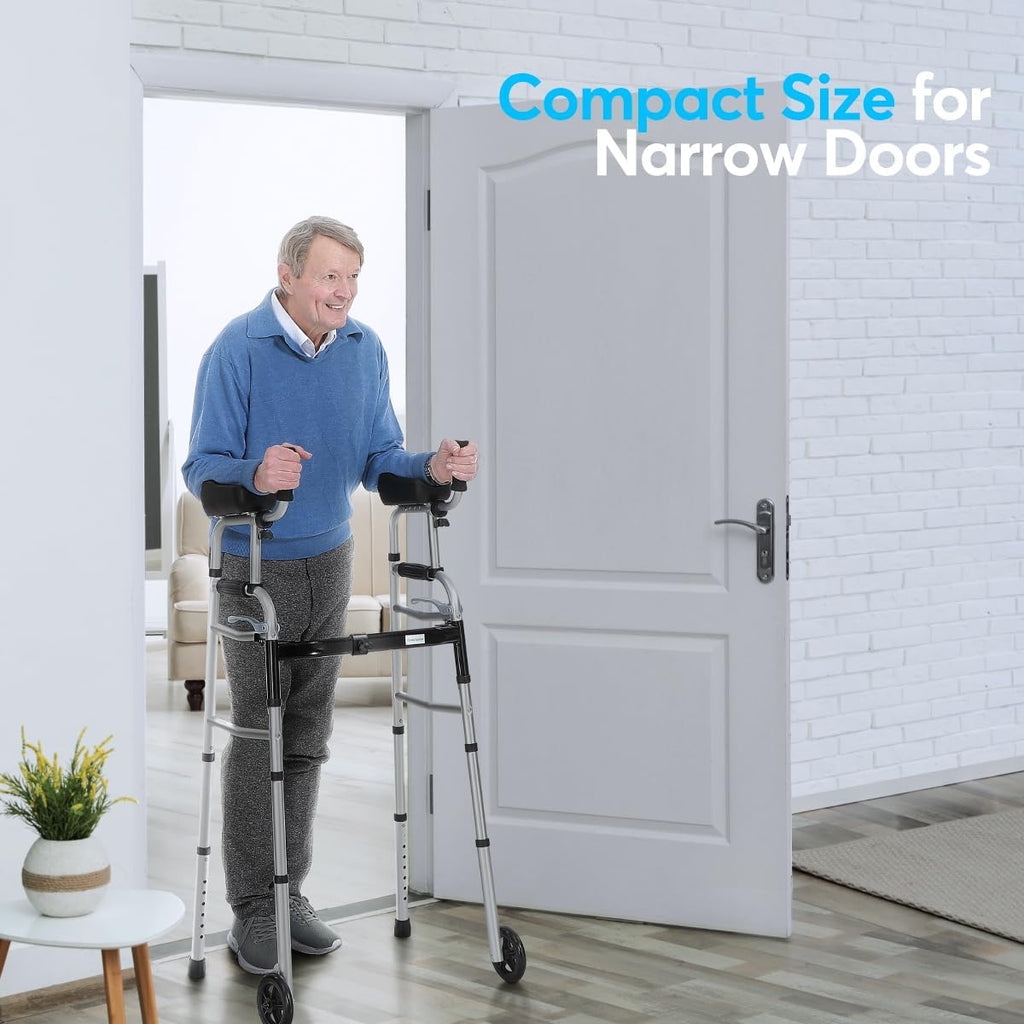 Folding Walker with 5 Inch Wheels and Padded Armrests k7q