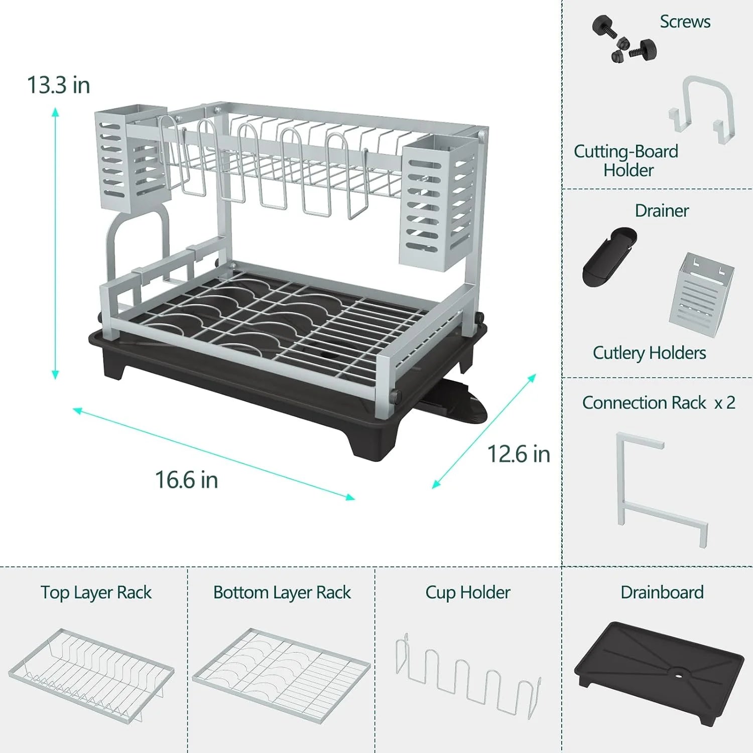 Dish Drying Rack 2 Tier Stainless Steel with Drainboard k7m
