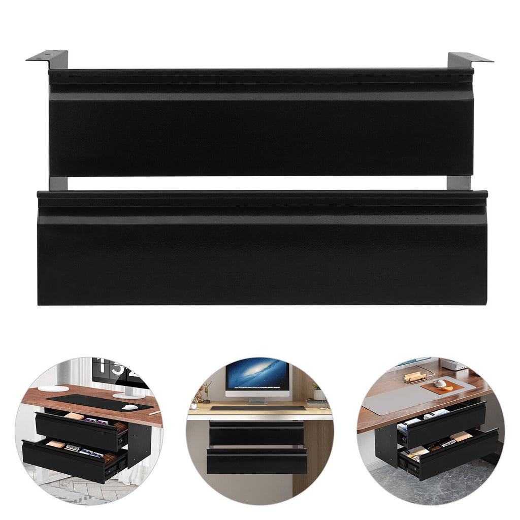2-Tier Under Desk Sliding Drawer Organizer, Black Steel Pull-Out Storage Tray for Office Study, 6.6LB Capacity