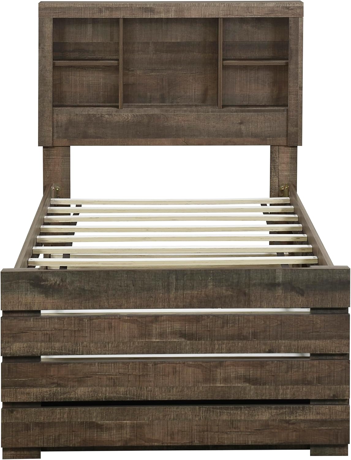 Twin Bookcase Captain Bed with Drawers and Trundle Rustic Brown k7m
