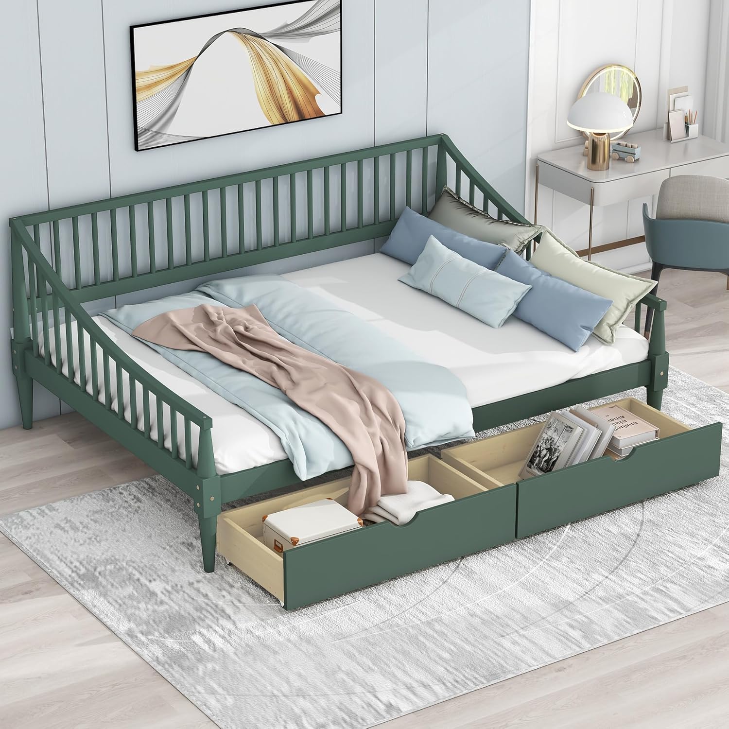 Daybed with Two Drawers Solid Wood Frame Green k7m