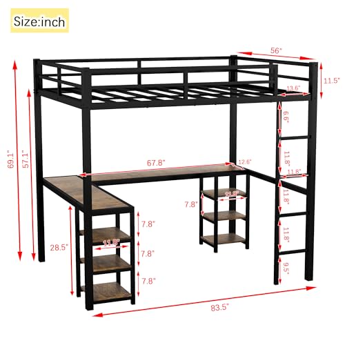Full Size Loft Bed with Desk and Storage Shelves, Metal Frame a7