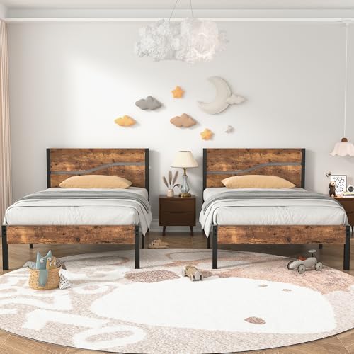 Twin Bed Frame with Wood Storage Headboard and Footboard, Metal Platform, Under Bed Storage, Rustic Brown k7