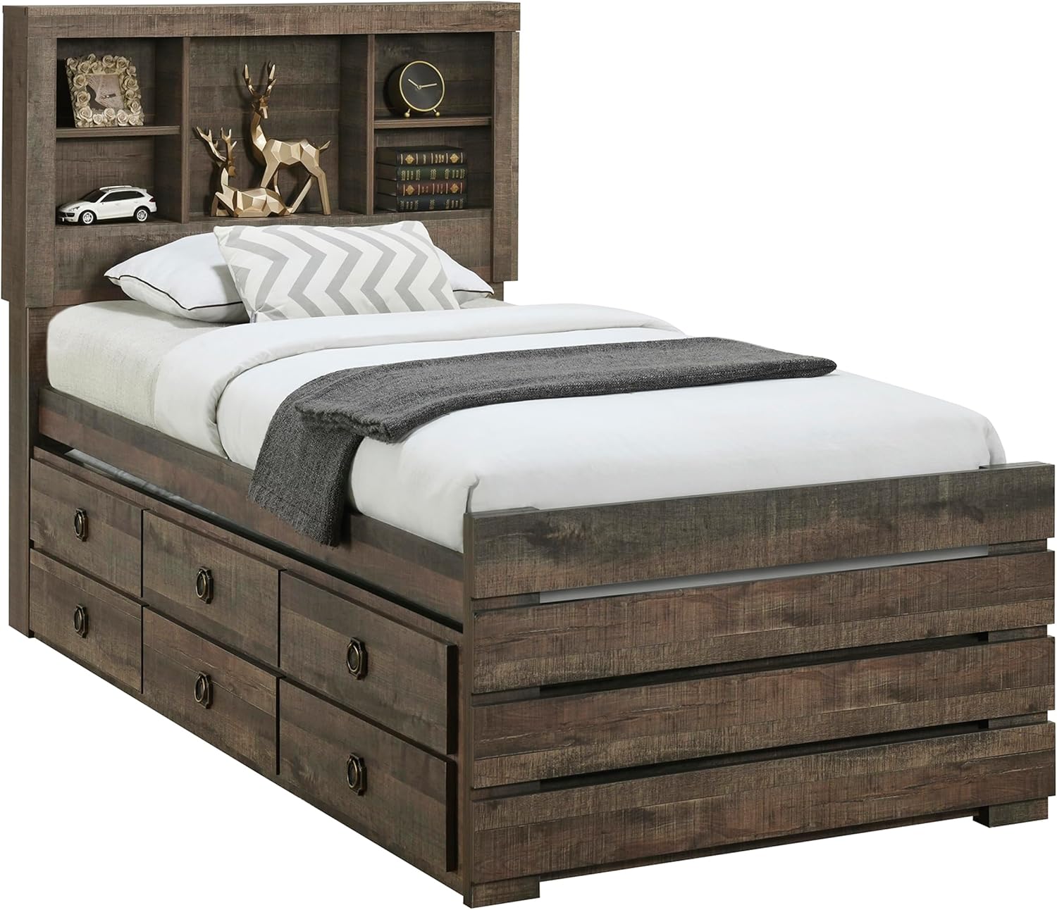 Twin Bookcase Captain Bed with Drawers and Trundle Rustic Brown k7m
