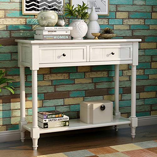 Narrow Console Table with 2 Drawers and Storage Shelf, 35.34" L Retro Wood Entryway Table Ivory k7m