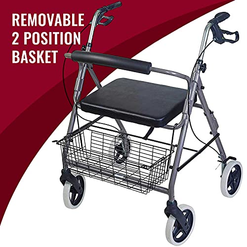 Rollator Walker with Extra Wide Seat, Adjustable Height, Burgundy k7