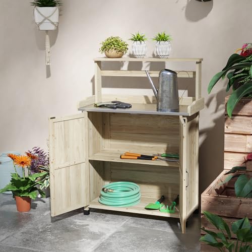 Outdoor Wooden Potting Table with Galvanized Top and Shelves a7