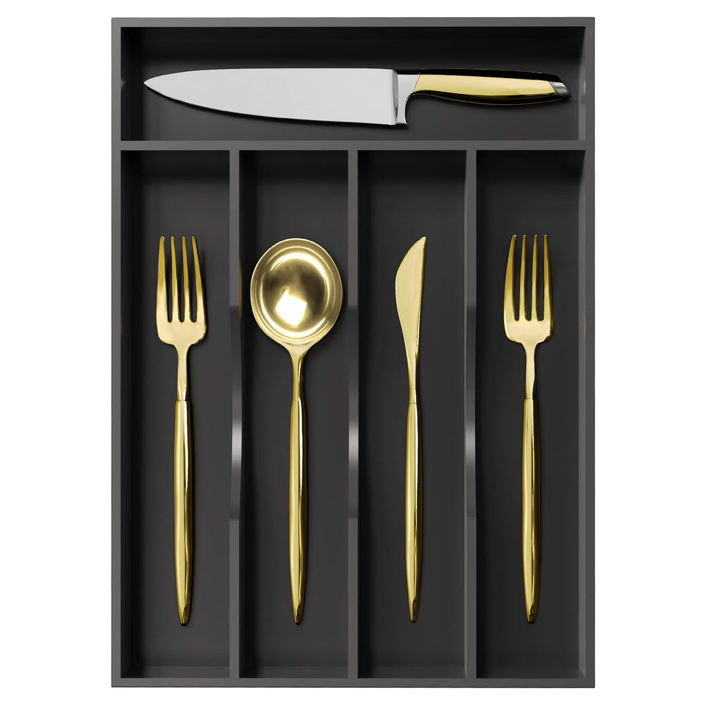 Kitchen Drawer Organizer for Silverware, Bamboo Wood Utensil Tray 10x14 Inches, 5-Section Cutlery Holder, Flatware Storage Solution, Black
