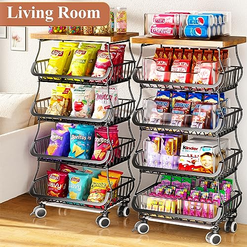 Fruit Basket with Wood Top 5 Tier Stackable Cart White a7