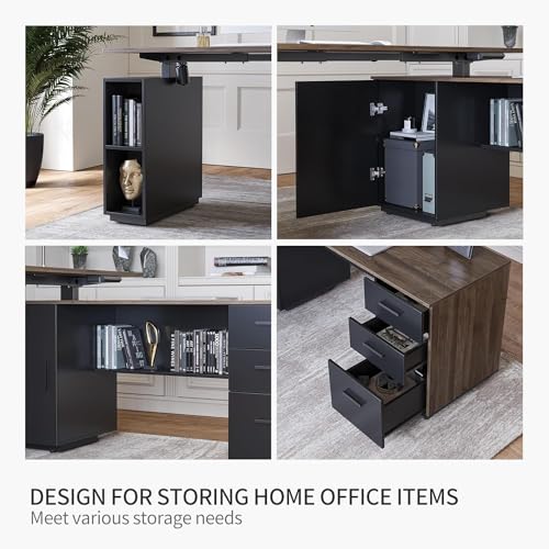 L Shaped Standing Desk with File Cabinet, Electric Adjustable, Black Walnut k7m
