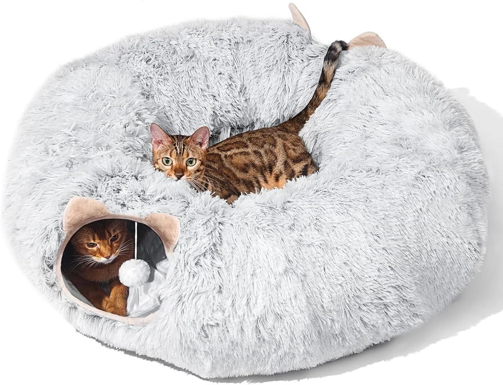 Cat Tunnel with Cat Bed for Indoor Plush Peekaboo Cave Grey k7