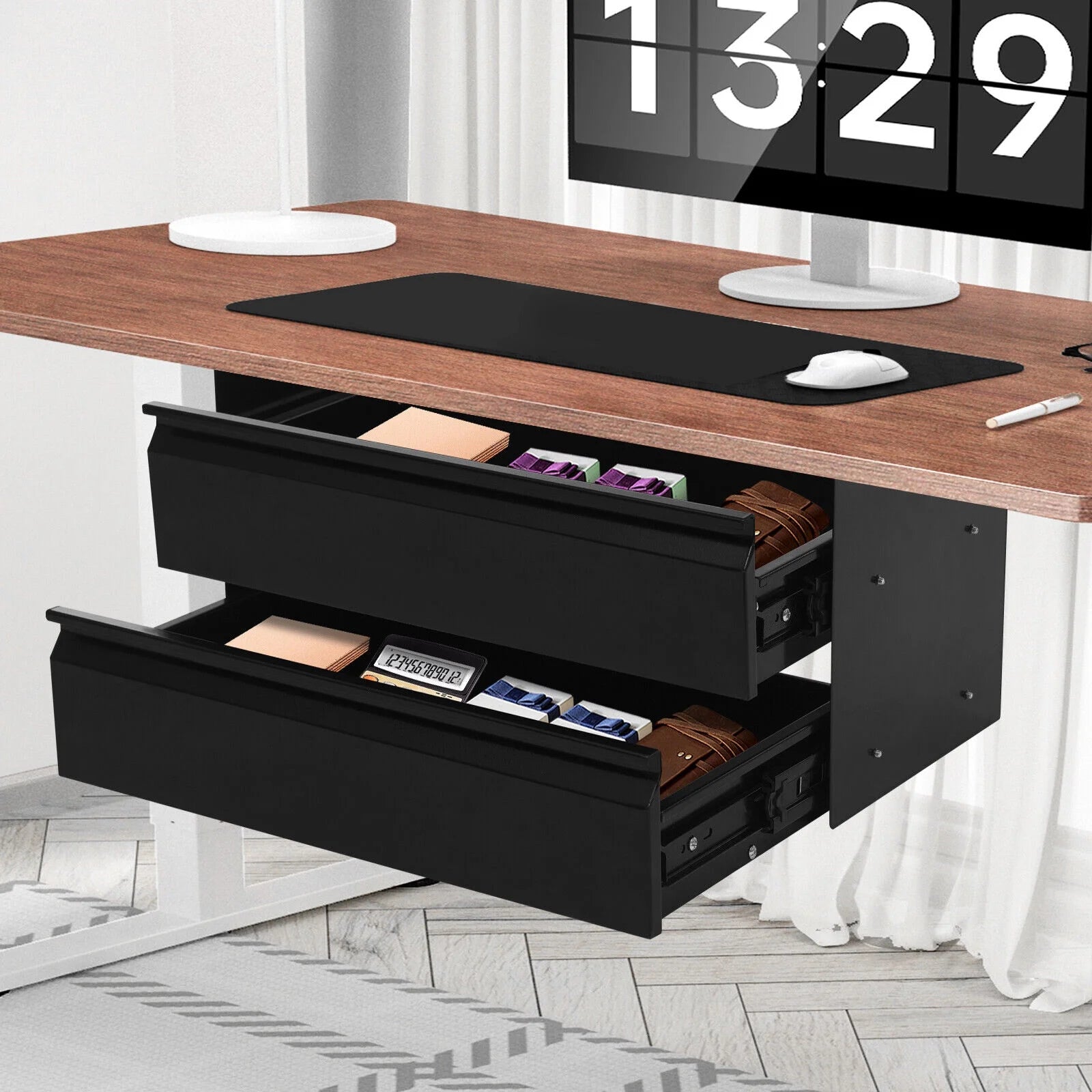 Under Desk Sliding Drawer Organizer, Black Steel Storage Tray a7