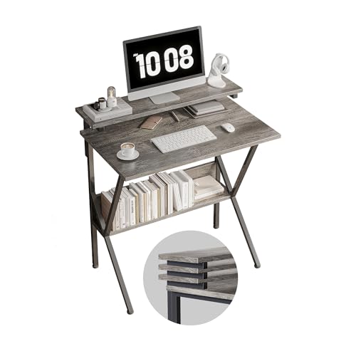 COTUBLR Small Desk, Small Computer Desk for Small Spaces, 27.5 Inch Computer Desk with Adjustable Monitor Stand, Compact Desk with Storage, Tiny Desk Study Desk for Bedroom Home Office, Grey
