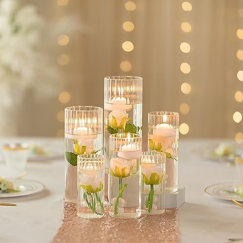Ribbed Hurricane Candle Holders Set of 6 Cylinder Glass for Pillar Centerpieces d7k