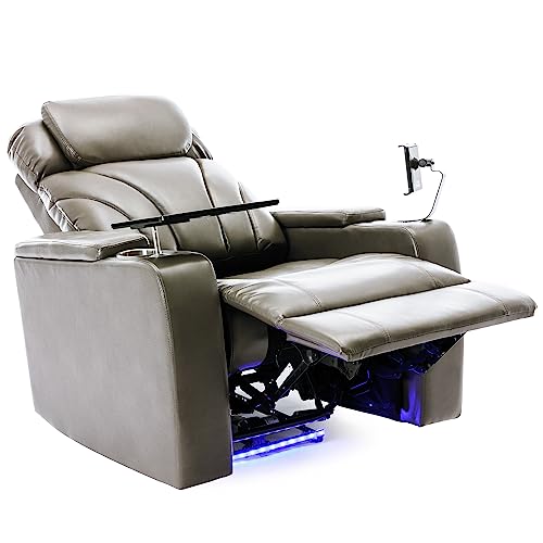 Swivel PU Leather Power Recliner with Tray Table and Cup Holder Grey k7m