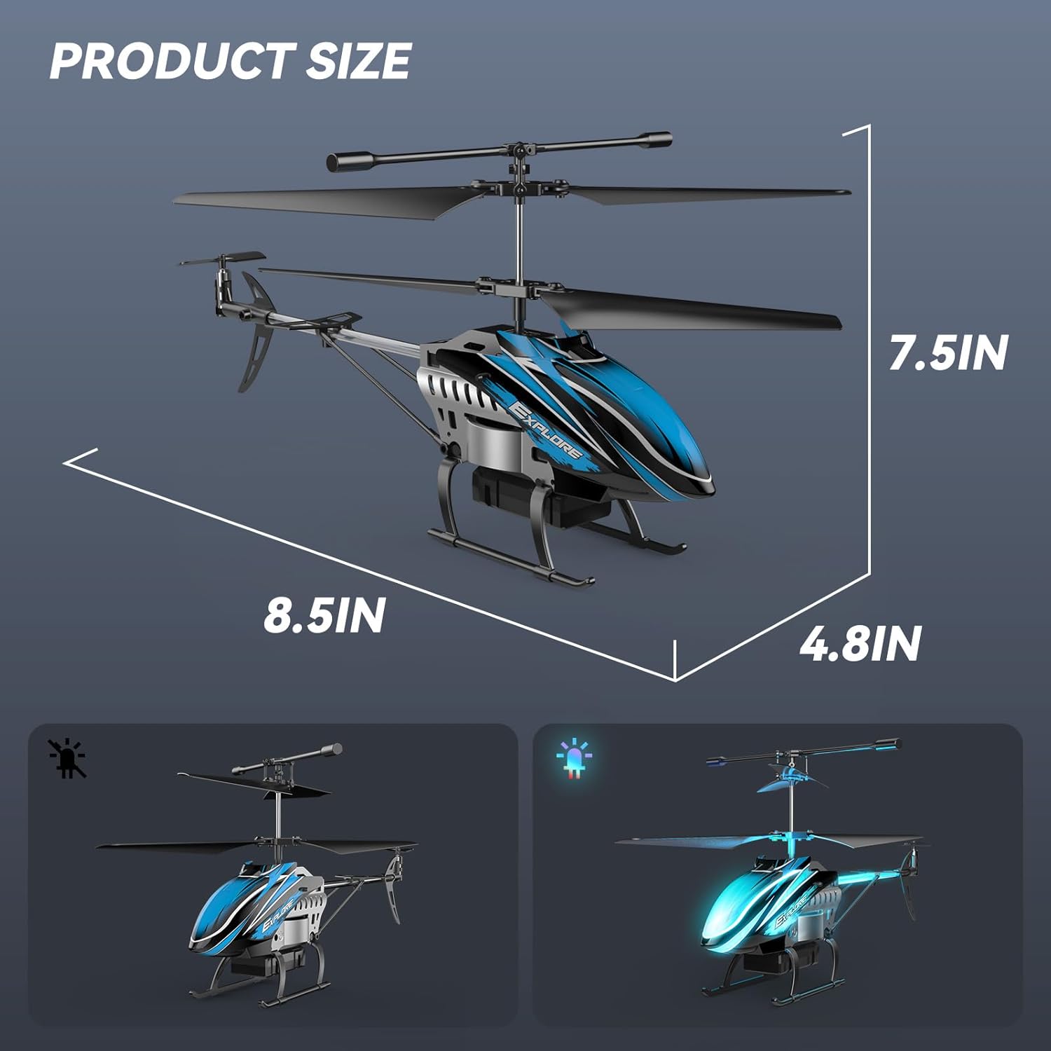 RC Helicopter for Kids Indoor Play 7+ LED Modes 30Mins Flight Gyro Stabilizer Blue k7