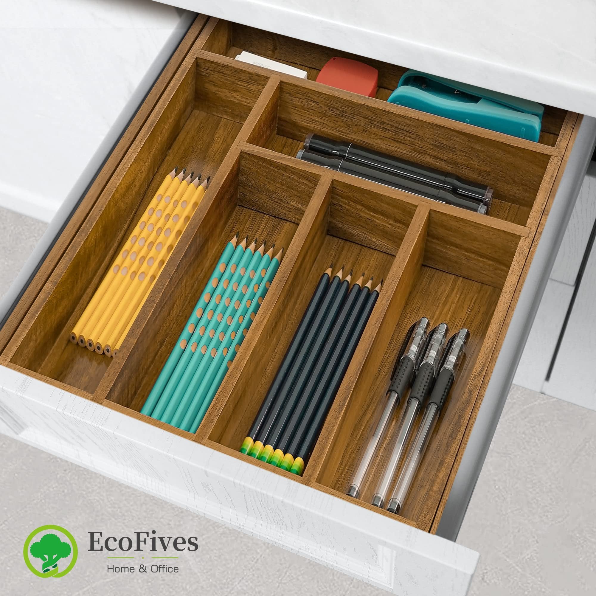Acacia Cutlery Tray Organizer, Adjustable Drawer Divider, 8 Compartment Utensil Holder, Brown k7