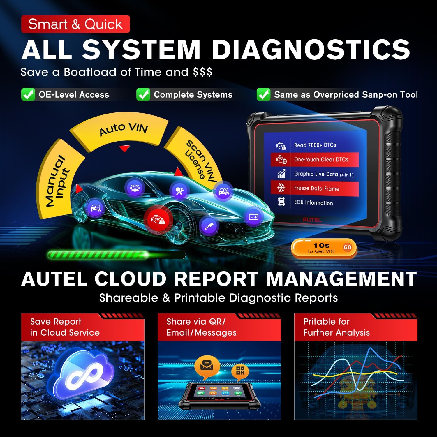 Autel Scanner MaxiCOM MK900-BT 2024 OS 11 Bidirectional Scan Tool 40+ Reset CAN FD DoIP 3000+ Active Tests WiFi Print k7