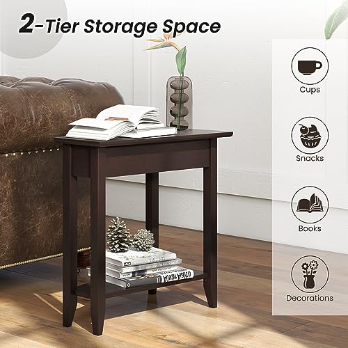 Narrow Triangle Side Table with Storage Shelf, Solid Wood Legs, White a7