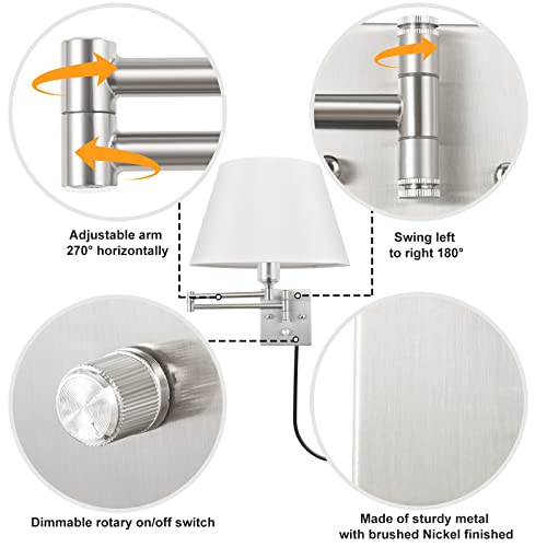 Dimmable Plug-in Wall Sconce Set of Two with Swing Arm and Beige Fabric Shade k7p