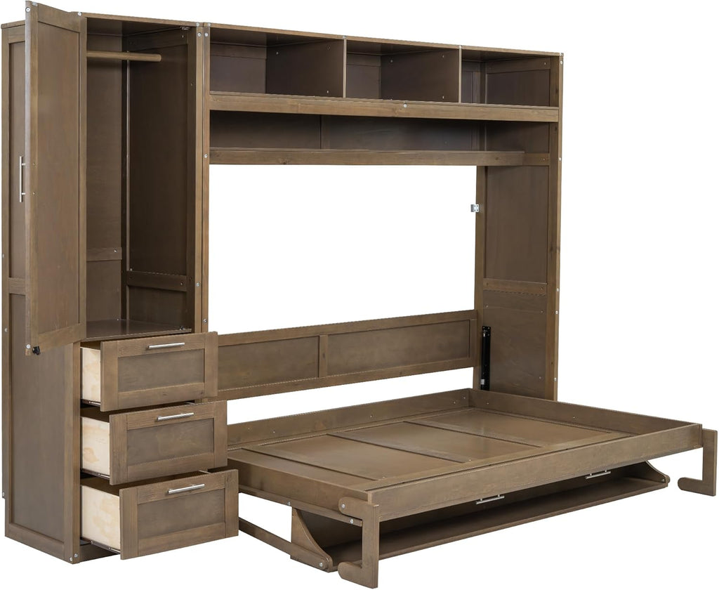 Murphy Bed Frame with Wardrobe and Drawers Space-Saving k7p