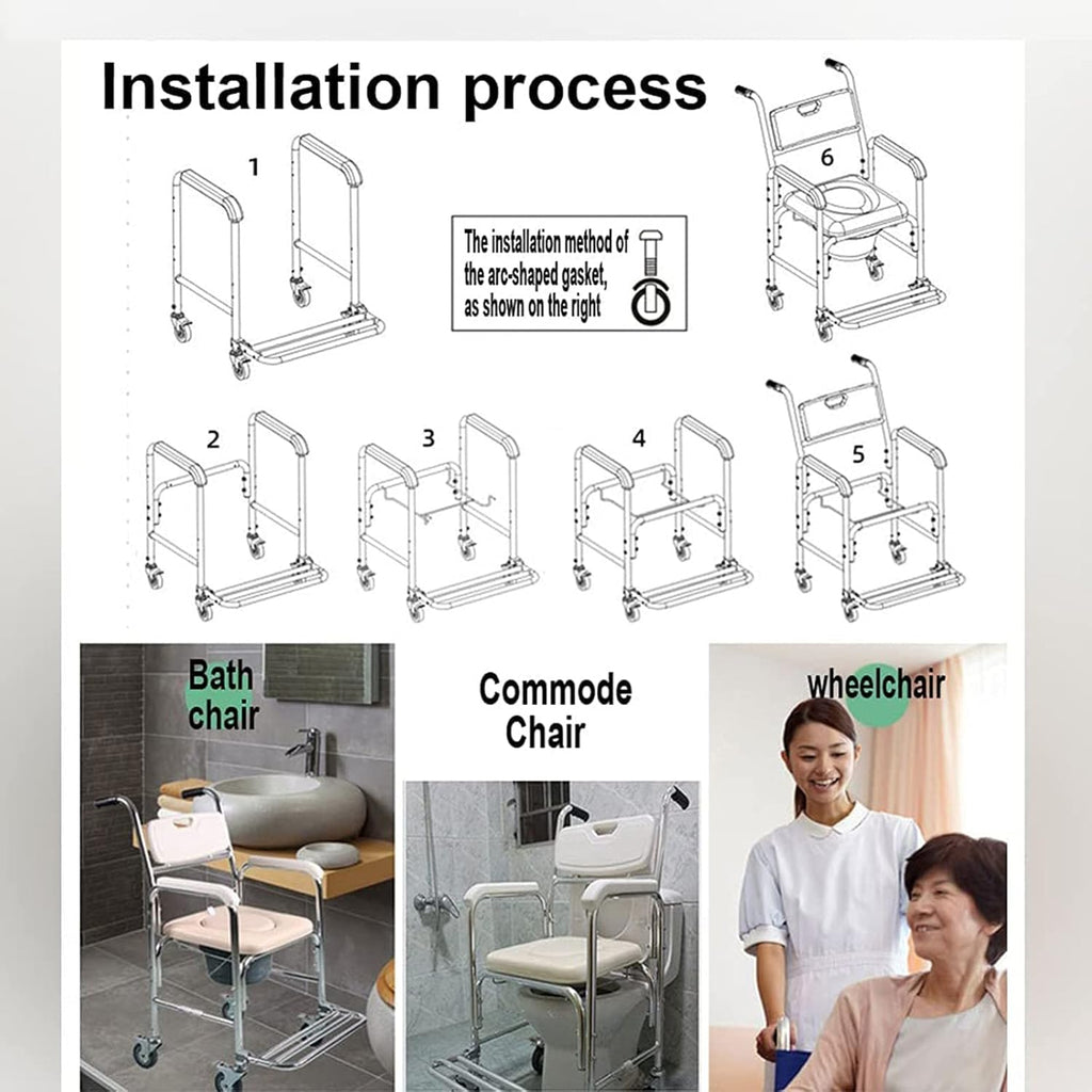 Shower Commode Chair with Wheels 3 in 1 for Elder Disabled q7