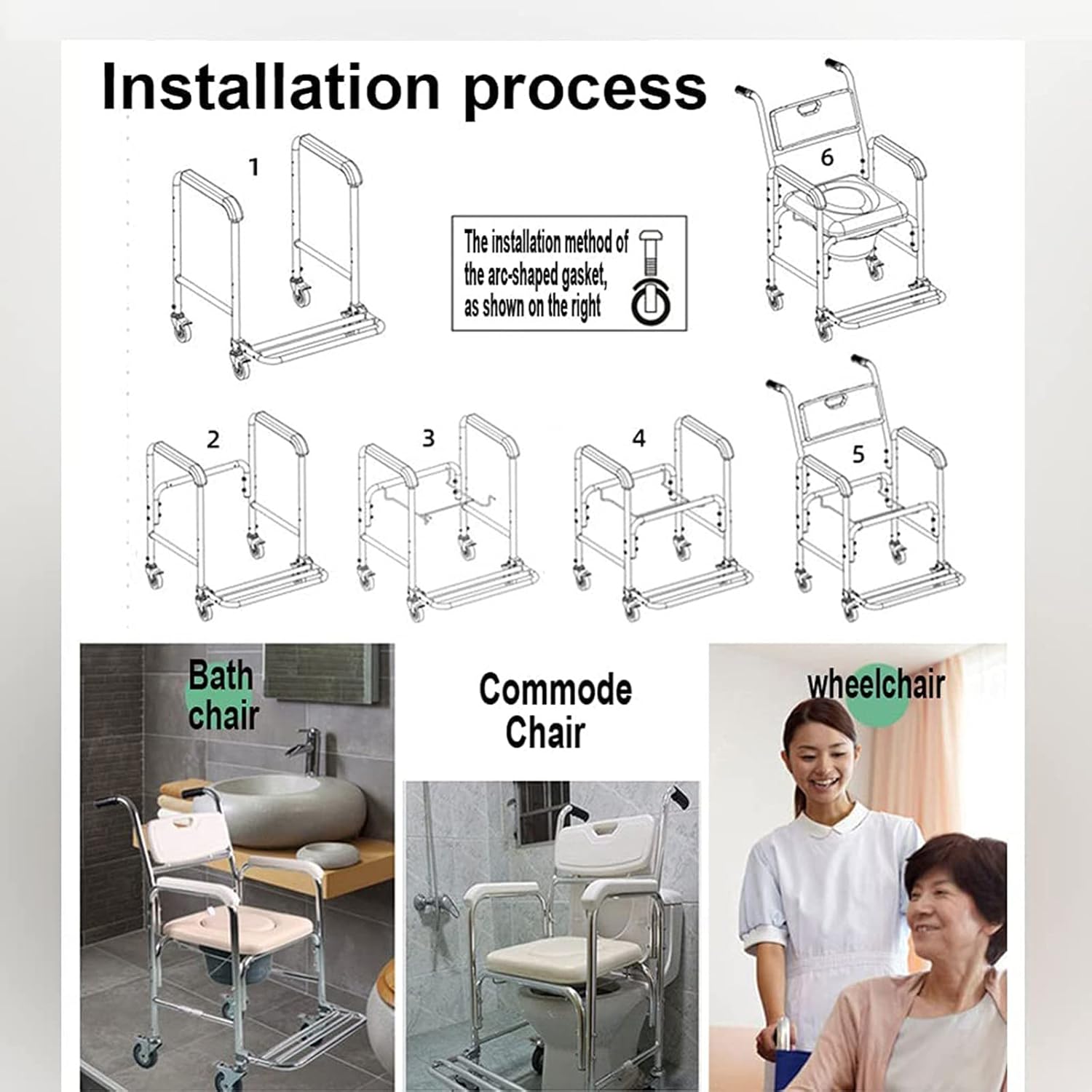 Shower Commode Chair with Wheels 3 in 1 for Elder Disabled q7