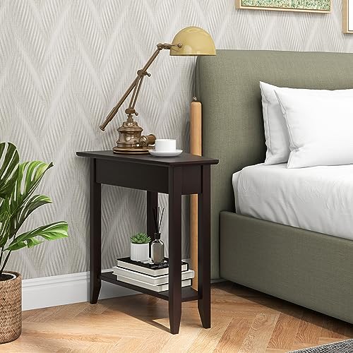 Narrow Triangle Side Table with Storage Shelf, Solid Wood Legs, White a7