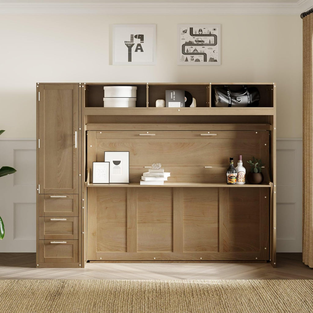Murphy Bed Frame with Wardrobe and Drawers Space-Saving k7p