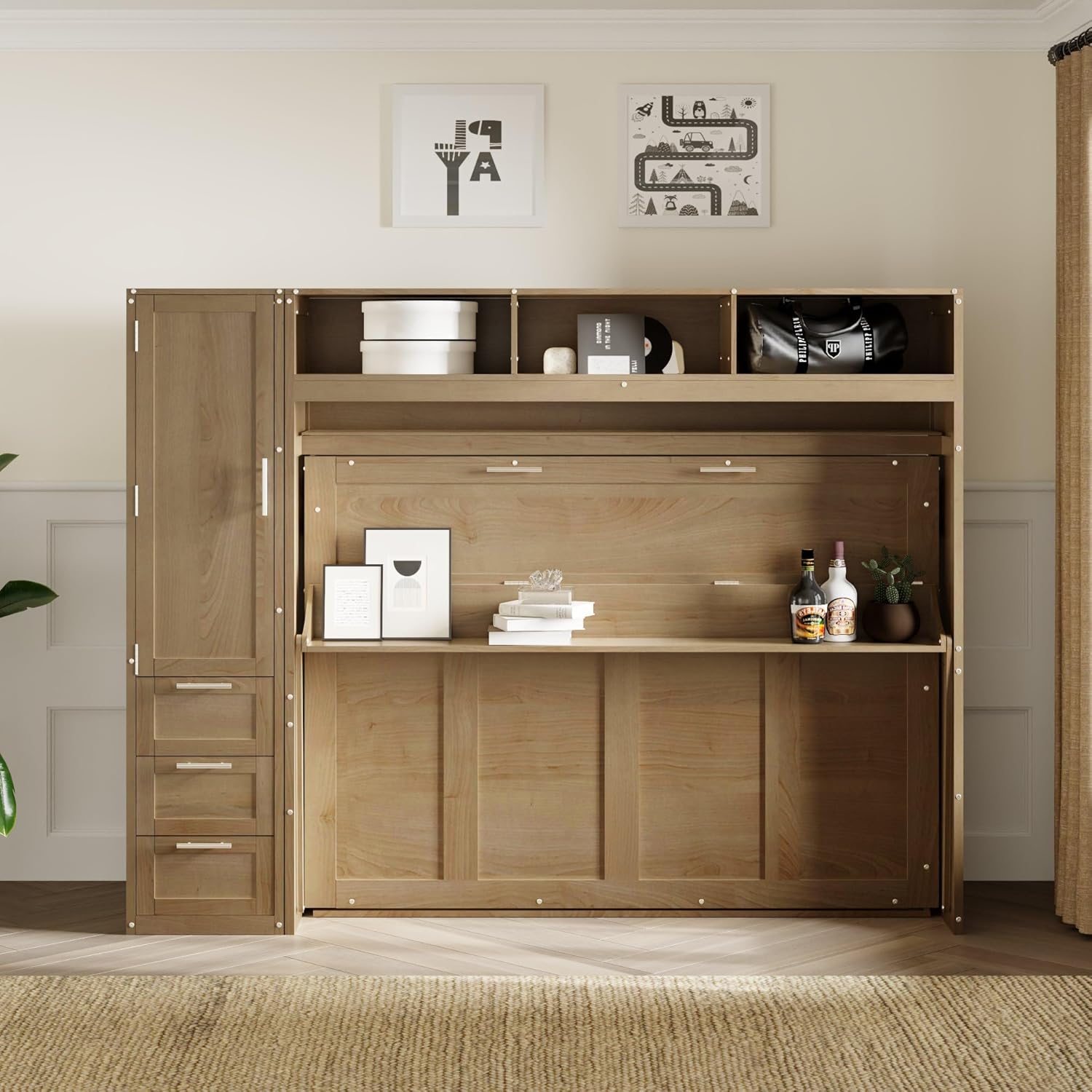 Murphy Bed Frame with Wardrobe and Drawers Space-Saving k7p