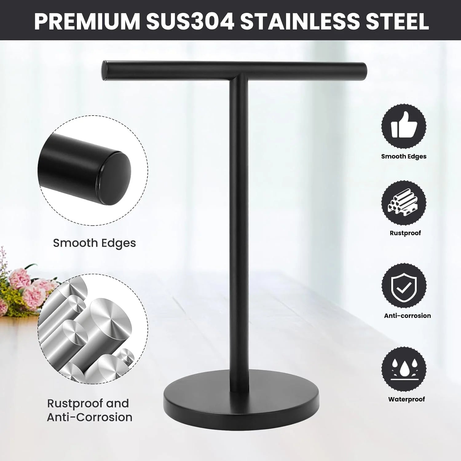 T-Shape Bath Towel Holder Stand Stainless Steel Matte Black k7