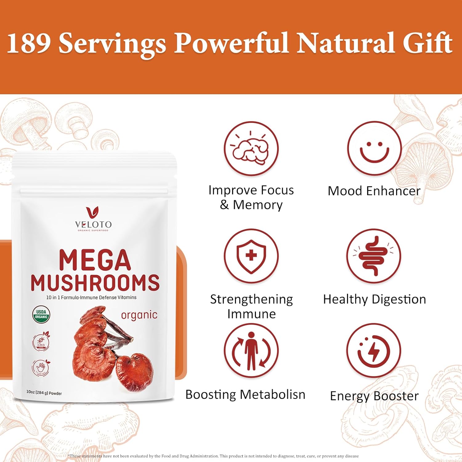 Organic Mushroom Powder Blend 10 in 1 Supplement k7
