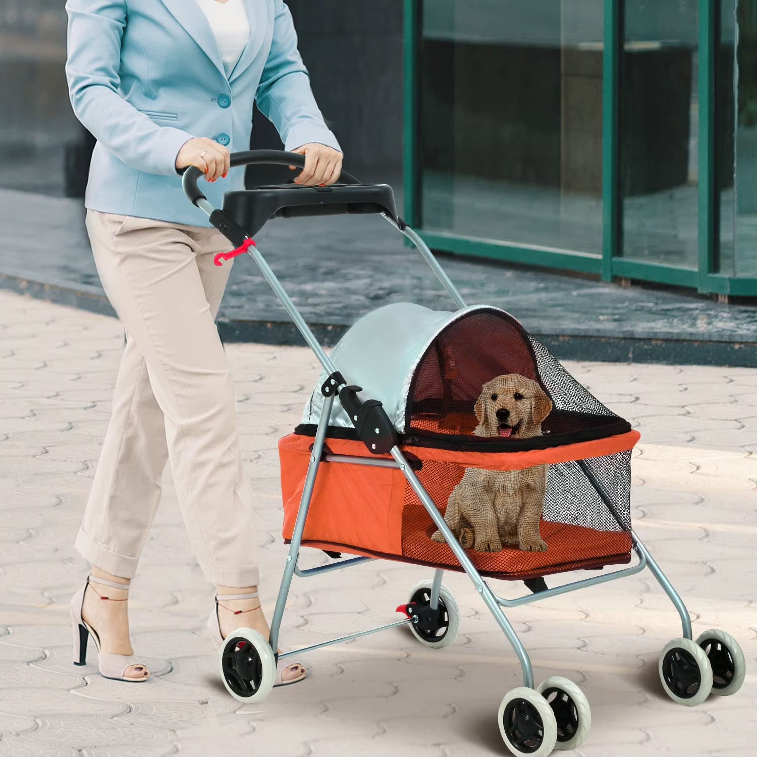 NiamVelo Dog Stroller Folding Pet Cat Stroller with 4 Wheels Portable Doggy Stroller with Cup Holders, Orange