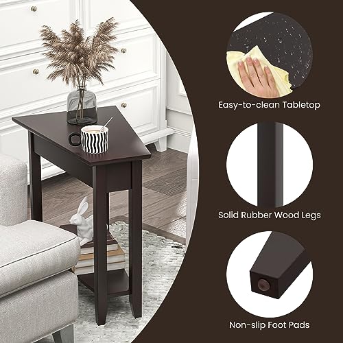 Narrow Triangle Side Table with Storage Shelf, Solid Wood Legs, White a7